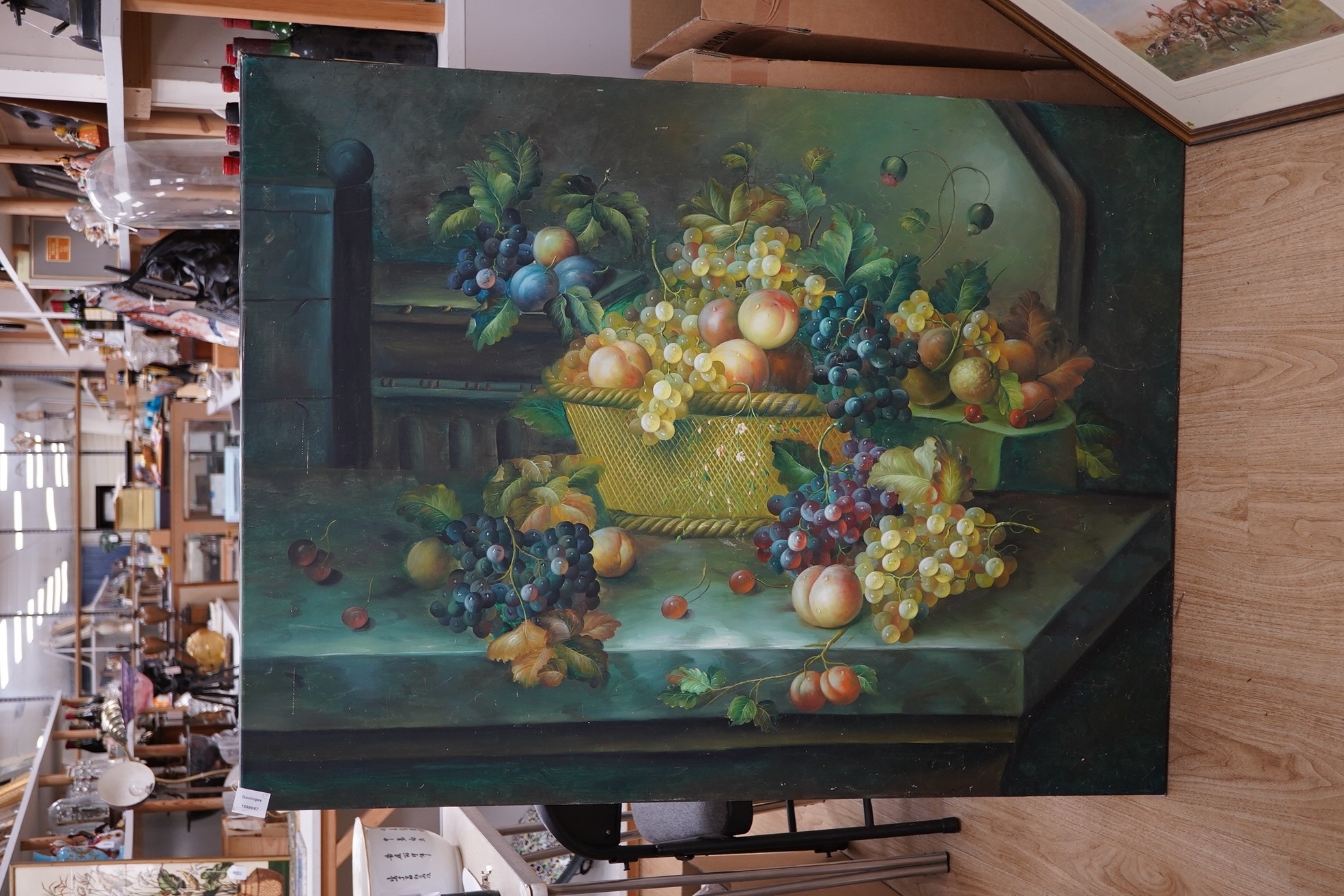 20th century, Dutch style, set of three oils on canvas, still life scenes of flowers and fruit, unsigned, each 92 x 121cm, unframed. Condition - fair